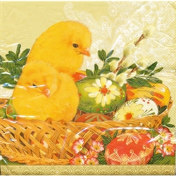 Easter Chicks and Pisanki Dinner Napkins (package of 20).   Three ply napkins with water based paints used in the printing process.  The pattern appears on both halves of this napkin.
.