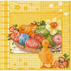 Easter Duckling and Pisanki Dinner Napkins (package of 20).   Three ply napkins with water based paints used in the printing process.  The pattern appears on both halves of this napkin.
.