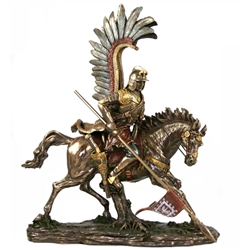 This spectacularly detailed statue of a Polish Winged Husar is made using a process known as cold cast bronze.  Wings and lance are removable for shipping.