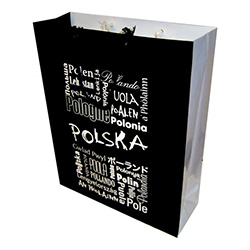 How many different ways are there to say "Poland"?  These delightful gift bags are one way to find out.  Glossy paper with cloth handles, cardboard bottom insert for added strength and all made in Poland.