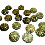 Approx .5" dia x .25" thick - 12mm x 6mm thick.  These are round domed amber cabochons and the backs are painted black which makes the cabochon appear green.  Price is per piece.