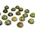 Approx .375" x .25: thick - 10mm x 6mm thick.  These round domed amber cabochons have backs painted black which produces their green color.  Price is per piece.
