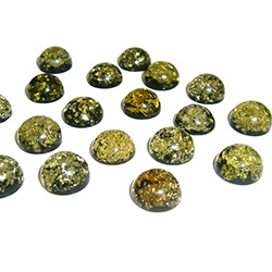 Approx .375" x .25: thick - 10mm x 6mm thick.  These round domed amber cabochons have backs painted black which produces their green color.  Price is per piece.