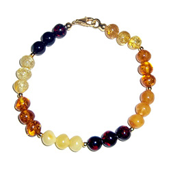 Round amber stones in sets of three colors separate by golden miniature spheres.