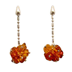 Stylish set of dangle earrings, consisting of a cluster of amber cubes attached to a Sterling Silver fashion chain.