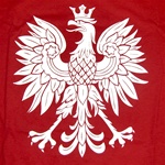 The symbol of Poland on a red background.