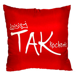 This cheeky stuffed pillow is made in Poland and features a front and back announcement for your main squeeze. 
Side one : Dzisiaj Tak Kochanie - Today, Yeah Baby!
Size two : Dzisiaj Nie Kochanie  - Today, No Honey!