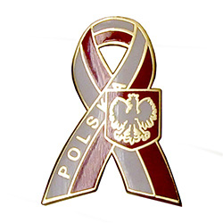 Ths very attractive lapel pin features the Polish crowned eagle on a Polska red and white ribbon.