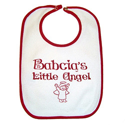 Great cotton bib with a rubberized back and metal snaps in Polish colors, read and white. Babcia's Little Angel ,Translation: Grandma's Little Angel. In some Polish families grandma was referred to as Busia. You can select either name below.