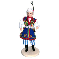 Within the Krakow area are specific regions with their own unique costume details and variations.  The costume from the Brzeski region is particularly striking. These dolls are  clothed in authentic regional folk costumes, as certified by the Polish Minis