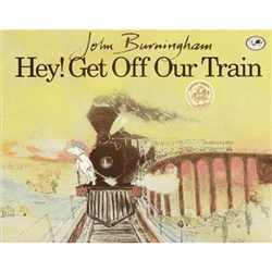 It's time for bed, but a young boy and his stuffed dog hop on their toy train and set off on a remarkable adventure. When an elephant climbs aboard, they shout, "Hey, get off our train," but the elephant is seeking shelter from ivory hunters, so they invi