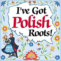 Colorful ceramic tile magnet.  Outline of the map of Poland surrounded by Polish flowers and a couple in traditional folk costumes.