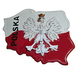 Our magnet features Poland's emblem, the White Eagle, in an outline of Poland and the word "Polska" in the upper left.