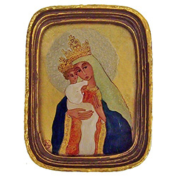 Painting on glass is an art technique by which the artist paints a picture on the reverse side of a glass surface.  Magdalena Hniedziewicz specializes in religious themes and in particular the Madonna and Child.
