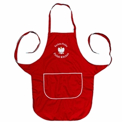 Just what every Polish chef needs: A vibrant red kitchen apron, with the words: "Polish Kitchen - Polska Kuchnia" and the Polish eagle embroidered in white on the front panel.  Great for indoor use or that summer barbecue.