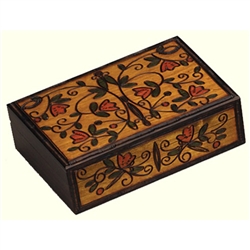 This beautiful box is made of seasoned Linden wood, from the Tatra Mountain region of Poland and a mushroom patch burned into the top. Hand burned and stained pattern on top and front. Carved borders, walnut and satin finish.