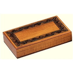 This beautiful box is made of seasoned Linden wood, from the Tatra Mountain region of Poland and a mushroom patch burned into the top. Maple finish, brass inlay.