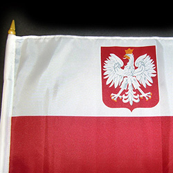 11" x 18" Polish Flag With Eagle On A Wooden Stick. Perfect size flag for cemeteries, backyards, parades and festivals. Please note that due to the size of this item Fedex 2nd Day and Next Day requests will incur and additional charge. Please e-mail or pr