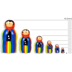 These nesting dolls come in a set of 6 ranging from 15 to 85 millimeters in size.  Made primarily from silver birch which is seasoned for a number of years before being cut and painted.