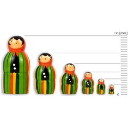 These nesting dolls come in a set of 6 ranging from 15 to 85 millimeters in size.  Made primarily from silver birch which is seasoned for a number of years before being cut and painted.