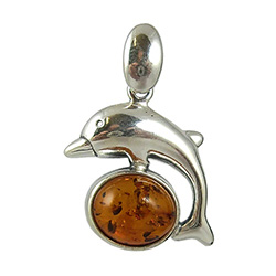 Honey Amber Color Sterling Silver Dolphin Pendant.