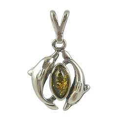 Green Color Amber Color Sterling Silver Dual Dolphin Pendant. Honey colored amber when painted black on one side changes the color on the other side to appear green.