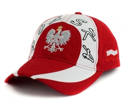Display the Polish colors of red and white with this handsome looking cap with detailed embroidery work. The front of the cap features a silver Polish Eagle with gold crown and talons. On the side a small Polish flag. Features an adjustable Polish Eagle m