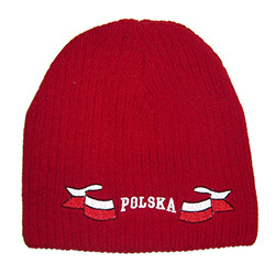 Display your Polish heritage! Red stretch ribbed-knit skull cap, which features Poland's national flag on either side of the word "Polska" (Poland). Easy care acrylic fabric. One size fits most. Imported from Poland.