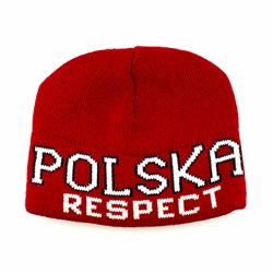 Display your Polish heritage!  Red and white stretch ribbed-knit skull cap with the word Polska (Poland) and Respect on the front.  Easy care acrylic fabric.  Once size fits most.  Imported from Poland.