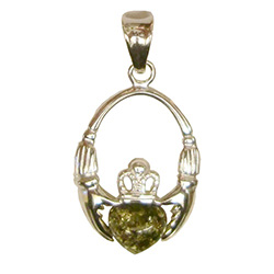 This is a very pretty Irish Claddagh style Pendant with a green Amber heart.