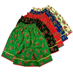 Krakow/Goral flowered skirt.  One size fits most girls up to 50" tall (4' 2").  Stretch elastic waistband.  Skirts measure 18" long (46cm) and can be rolled at the top to shorten the skirt if necessary.