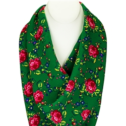 This beautiful green folk scarf/shawl has screen-printed red and green floral design.100% acrylic material. Made in Poland. Hand wash and line dry, cool iron.