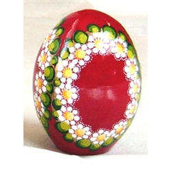 These beautiful goose size wooden eggs have a flat bottom so no stand is required.  The background color is red and the floral designs are different.  No two eggs are alike.
