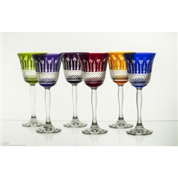 Beautiful set of six crystal tulip shaped wine glasses.  Classic diamond cut pattern all done by hand in Poland.  Six different colors in a set.