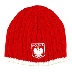 Red And White Strip Knit Skull Cap With The Emblem Of Poland - Czapka Zimowa