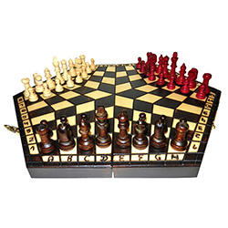 Chess for three is a unique invention of a Polish university professor from Krakow, Poland.  Each set is hand made of Linden wood.  Chess board is hand made from Linden wood and burned by hand. Game rules included in English, French, German and Spanish wi