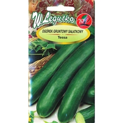 Cucumber Seeds - Ogorek Tessa . Imported from Poland.  
Heterosic, salad variety. Fruit are long, 18-22 cm, bitter free, with smooth, dark green, shiny, delicate skin. Seed cell is small, flesh is thick, juicy, very mild.