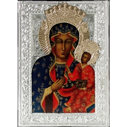 Made in Poland this icon is hand painted and covered with a beautiful cover of zinc plated copper featuring fine bas-relief. No two pictures are exactly alike.