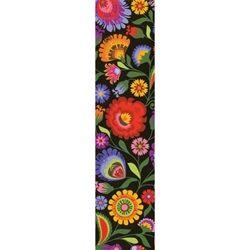 This is a beautiful Lowicz style wycinanka printed on a bookmark featuring multi-colored folk flowers with a black background.