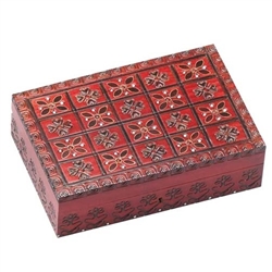 These boxes are entirely decorated by hand, using various combinations of carving, brass and copper inlays, burning, and staining techniques.  Lock & key, brass inlay, detailed pattern on top & sides. Burgundy high gloss finish.