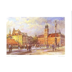 Beautiful print of a watercolor by Polish artist Micha&#322; Adamczyk. Looking to the northeast we see the famous Castle Square near the entrance to Warsaw's Old Town.  Suitable for framing.  Includes an envelope for mailing.  Packaged in clear resealable