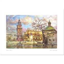 Beautiful print of a watercolor by Polish artist Michal Adamczyk.  Looking to the west we see the main square with the Ratusz (Town Hall) and Sukiennice (Cloth Hall) in the background.   Suitable for framing.  Includes an envelope for mailing.  Packaged i