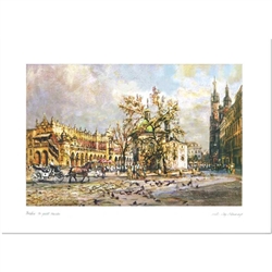 Beautiful print of a watercolor by Polish artist Michal Adamczyk.  Looking to the north we see the main square with the Church Of St. Mary  and Sukiennice (Cloth Hall) in the background.   Suitable for framing.  Includes an envelope for mailing.  Packaged