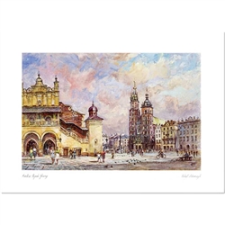 Beautiful print of a watercolor by Polish artist Michal Adamczyk.  Looking to the north we see the main square with the Sukiennice (Cloth Hall) and the Church Of St. Mary in the background.   Suitable for framing.  Includes an envelope for mailing.  Packa