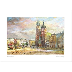 Beautiful print of a watercolor by Polish artist Wanda Maj-Adamczyk.  Looking to the northeast we see the Church Of St. Mary and the monument to the poet Adam Mickiewicz.  Suitable for framing.  Includes an envelope for mailing.  Packaged in clear reseala