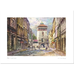 Beautiful print of a watercolor by Polish artist Michal Adamczyk. Looking north on Florian street we see the medieval gate that was part of the wall surrounding the Old Town.  Suitable for framing.  Includes an envelope for mailing.  Packaged in clear