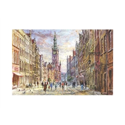 Beautiful print of a watercolor by Polish artist Michal Adamczyk. Looking east on the main street of Old Town Gdansk with the Town Hall in the background.  Suitable for framing.  Includes an envelope for mailing.  Packaged in clear resealable polypropylen