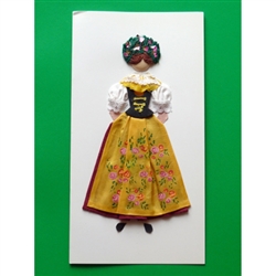 This card is dressed with material and wooden head to give a very special doll-like effect.   Our maiden is from the Slask region (SIlesia) in southern Poland.