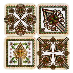 This handsome set of 4 colorful cork coasters features reproductions of traditional Polish mountain designs (parzenica) and flowers (szarotka - edelweiss).  Coated with plastic for long wear and easy cleanup.