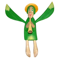 Hand carved painted folk angel by carver Maciej Manowiecki.  The artist is known for his unique, whimsical style.  His work can be characterized by the use of unconfined form, vibrant color, and lightness of style which brings each piece to life.